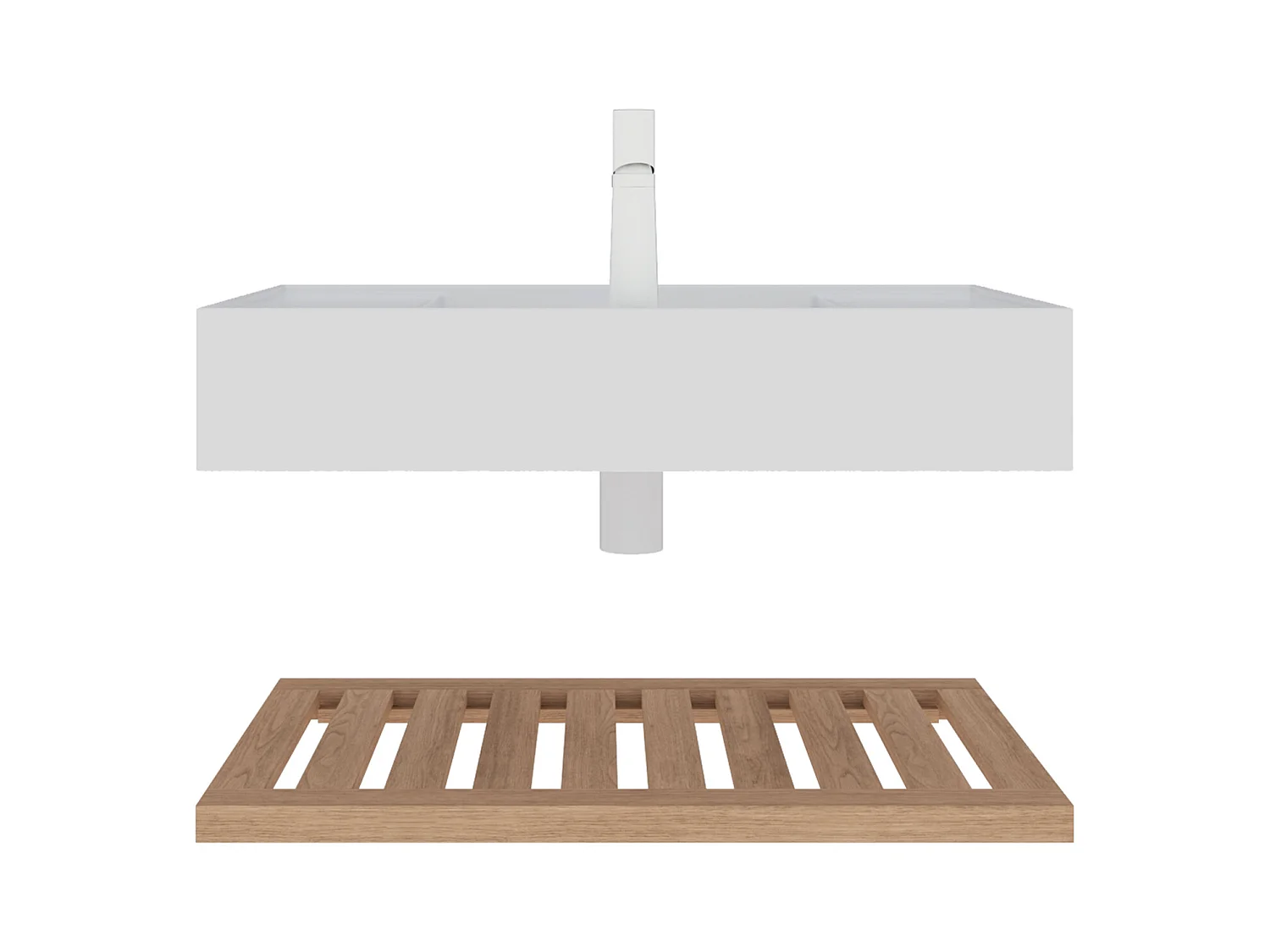 Meuble-lavabo suspendu avec bac rectangulaire en acrylique, design moderne, stratifié bois naturel et blanc, étagère à rayures (75x46x20.7 cm)