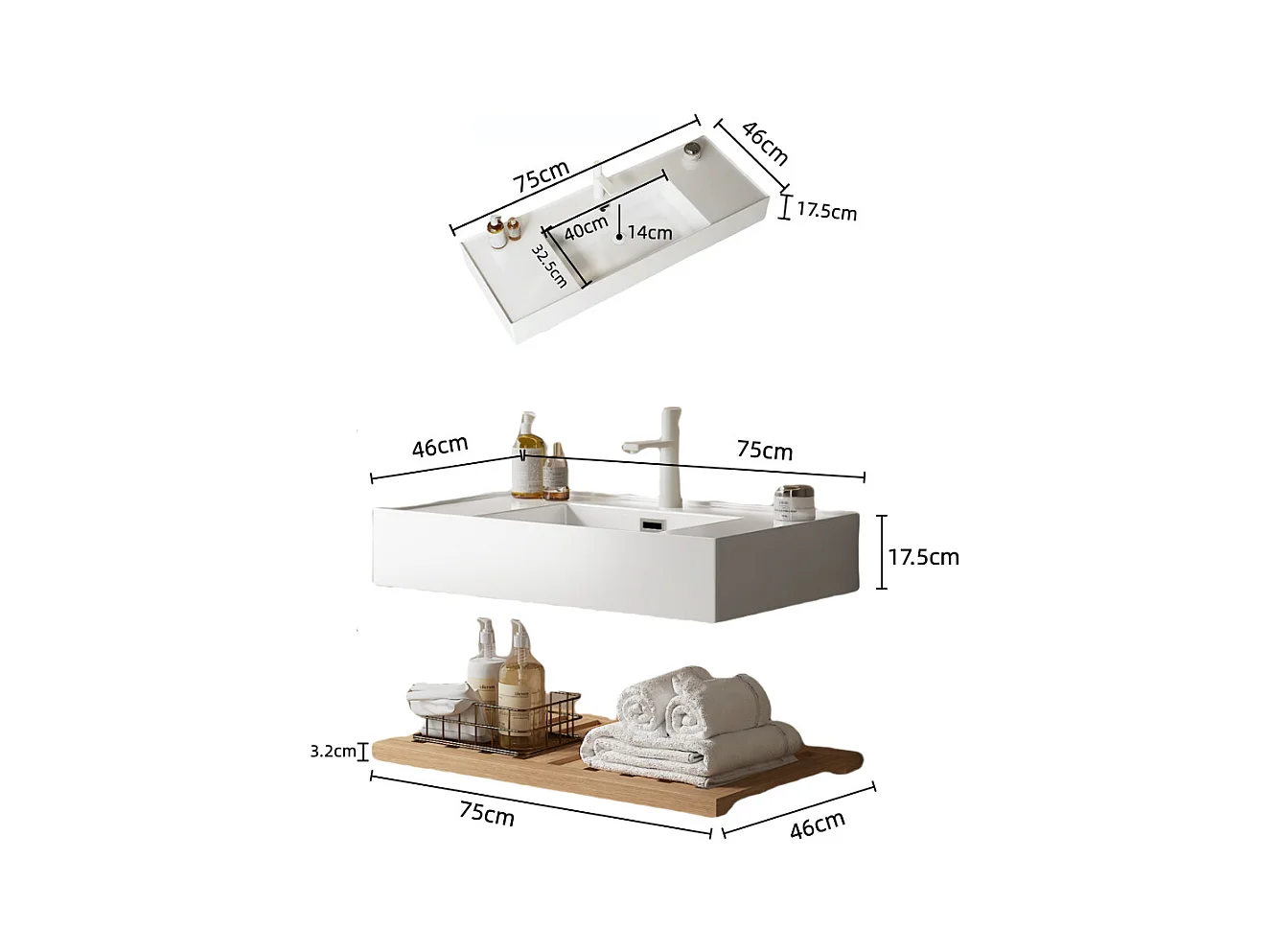 Meuble-lavabo suspendu avec bac rectangulaire en acrylique, design moderne, stratifié bois naturel et blanc, étagère à rayures (75x46x20.7 cm)