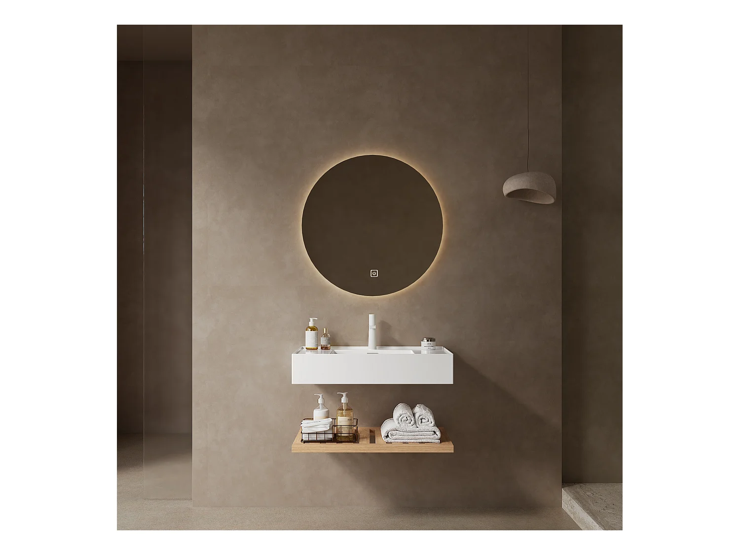 Meuble-lavabo suspendu avec bac rectangulaire en acrylique, design moderne, stratifié bois naturel et blanc, étagère à rayures (75x46x20.7 cm)