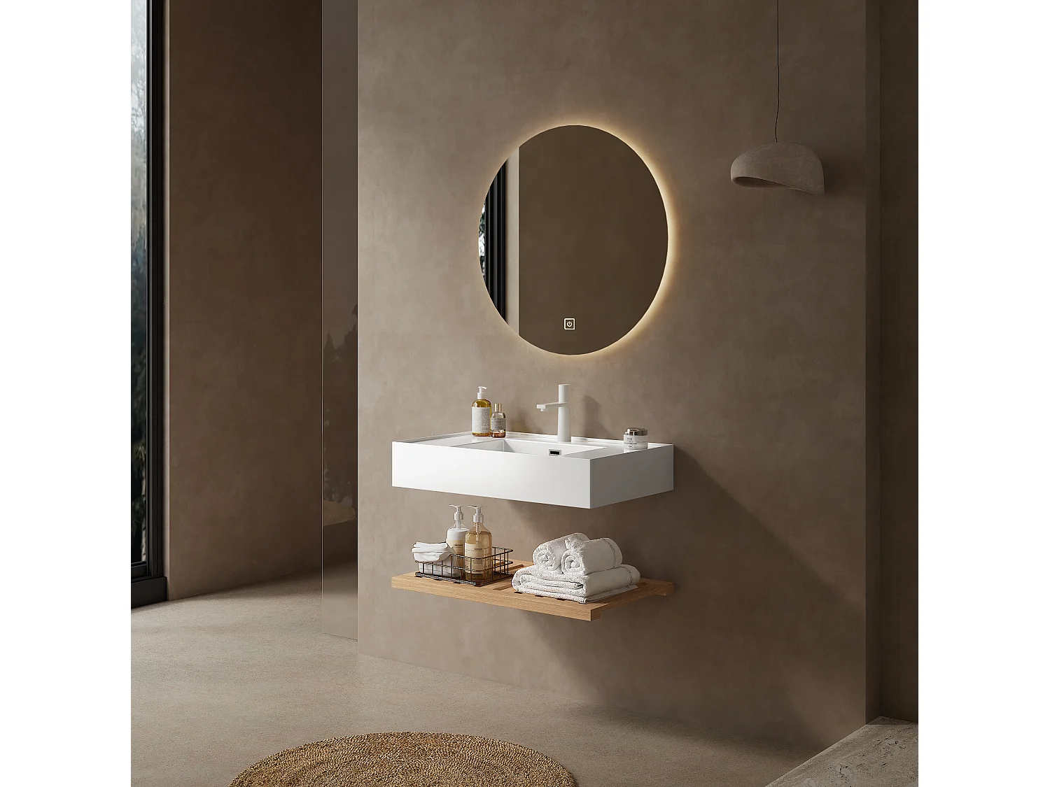 Meuble-lavabo suspendu avec bac rectangulaire en acrylique, design moderne, stratifié bois naturel et blanc, étagère à rayures (75x46x20.7 cm)