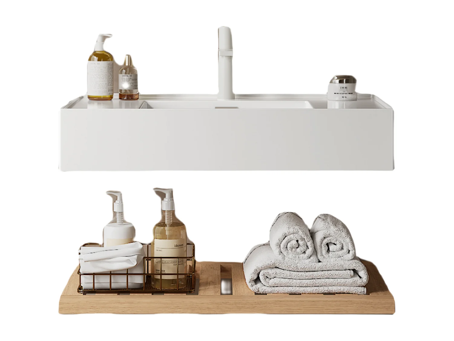 Meuble-lavabo suspendu avec bac rectangulaire en acrylique, design moderne, stratifié bois naturel et blanc, étagère à rayures (75x46x20.7 cm)