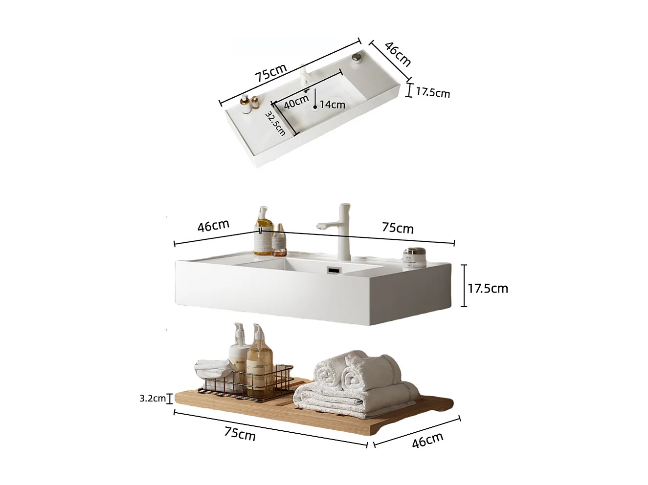 Meuble-lavabo suspendu avec bac rectangulaire en acrylique, design moderne, stratifié bois naturel et blanc, étagère à rayures (75x46x20.7 cm)