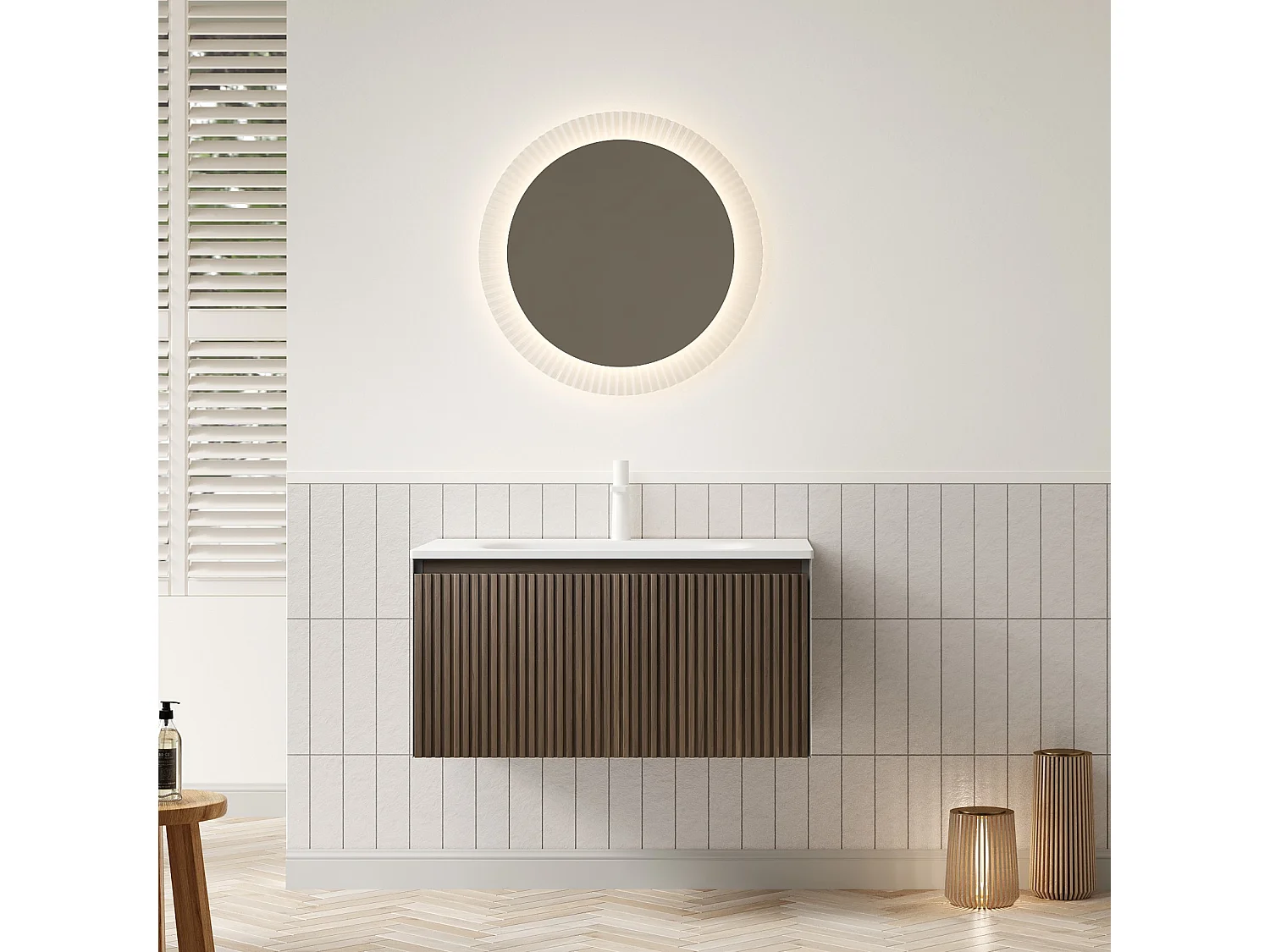 Mobile lavabo sospeso rettangolare con lavabo in ceramica, impiallacciato rovere marrone e cassetto con chiusura ammortizzata, bianco e marrone (80x46x41,8 cm)