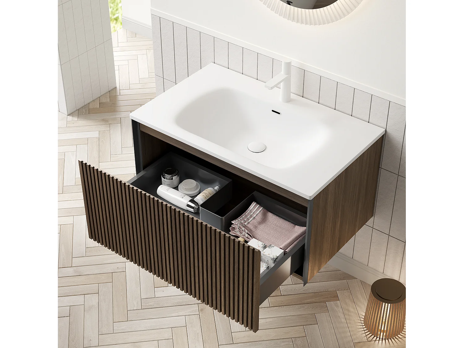 Mobile lavabo sospeso rettangolare con lavabo in ceramica, impiallacciato rovere marrone e cassetto con chiusura ammortizzata, bianco e marrone (80x46x41,8 cm)