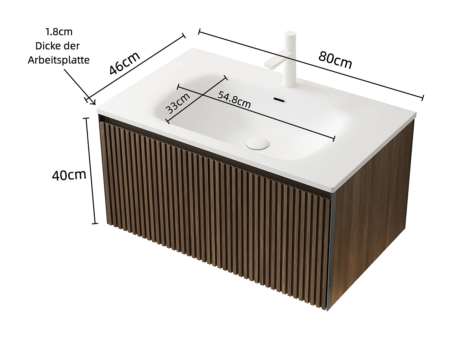Mobile lavabo sospeso rettangolare con lavabo in ceramica, impiallacciato rovere marrone e cassetto con chiusura ammortizzata, bianco e marrone (80x46x41,8 cm)