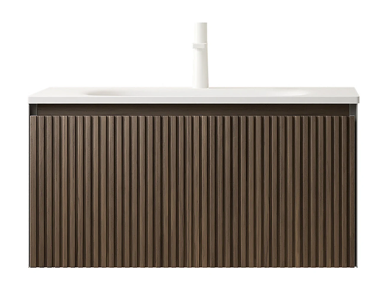 Mueble de lavabo rectangular suspendido con lavabo de cerámica, chapa de roble marrón y cajón con cierre amortiguado, blanco y marrón (80x46x41,8 cm)