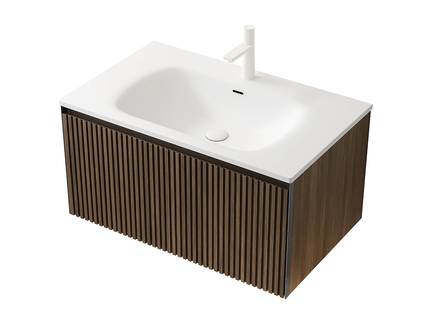 Mueble de lavabo rectangular suspendido con lavabo de cerámica, chapa de roble marrón y cajón con cierre amortiguado, blanco y marrón (80x46x41,8 cm)