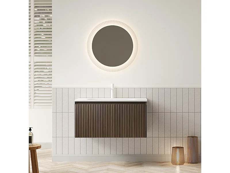 Meuble-lavabo mural rectangulaire avec vasque en céramique, placage chêne brun et tiroir à fermeture douce, blanc et brun (80x46x41.8 cm)