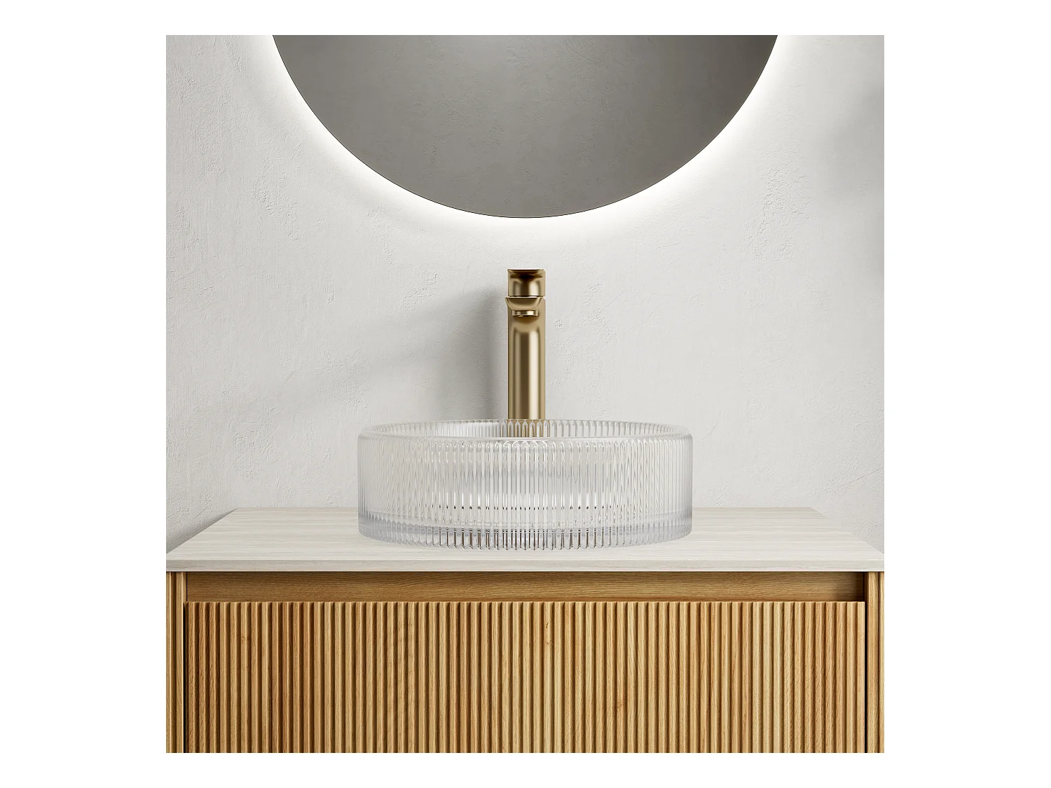 Lavabo redondo de cristal transparente, diseño elegante sin grifo, vidrio templado (36x36x11,5cm)