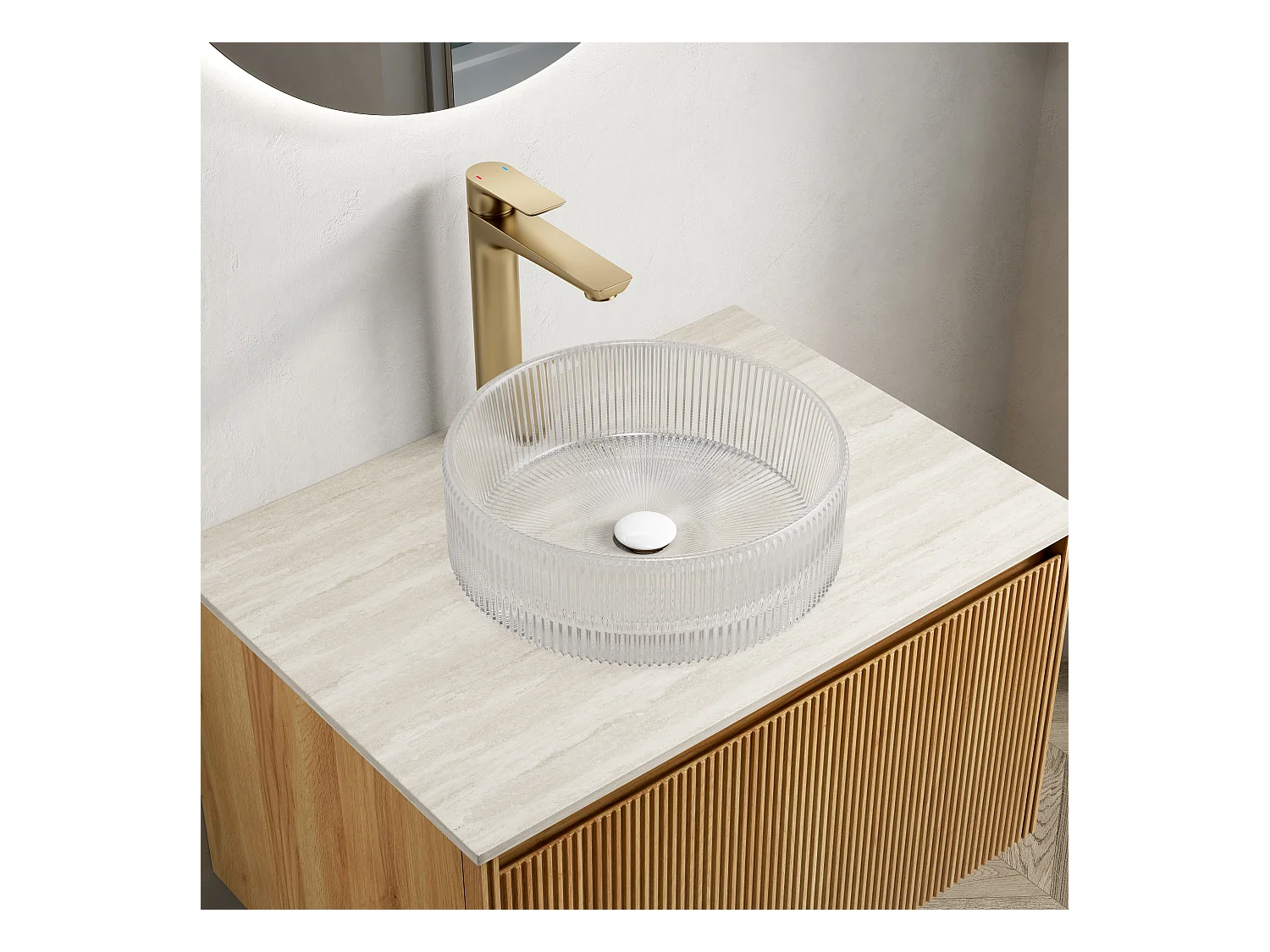 Lavabo redondo de cristal transparente, diseño elegante sin grifo, vidrio templado (36x36x11,5cm)