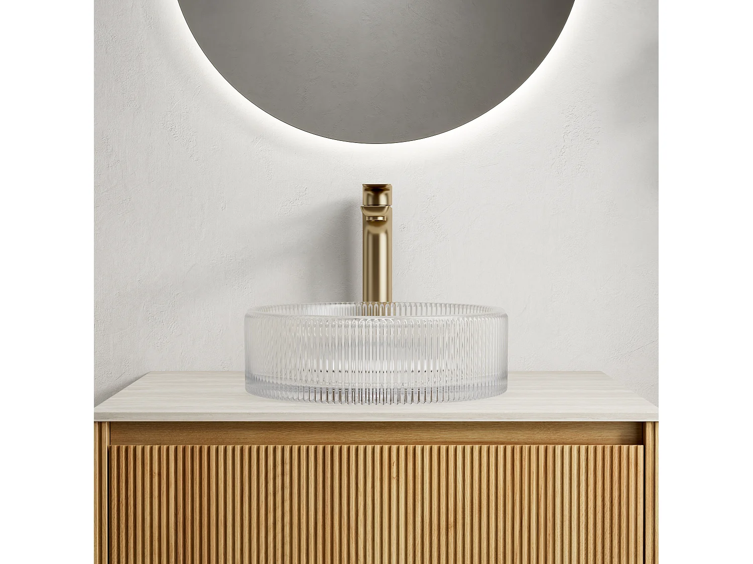 Lavabo rond en cristal transparent, design élégant sans robinet, verre trempé (36x36x11.5cm)