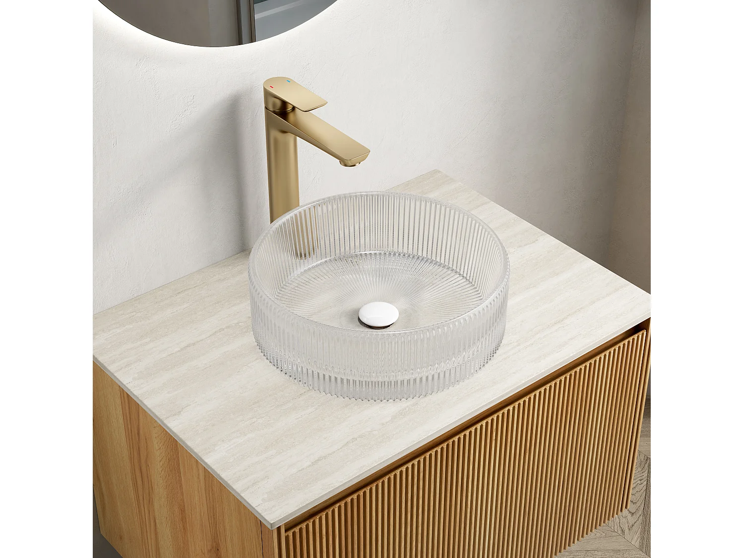 Lavabo rond en cristal transparent, design élégant sans robinet, verre trempé (36x36x11.5cm)