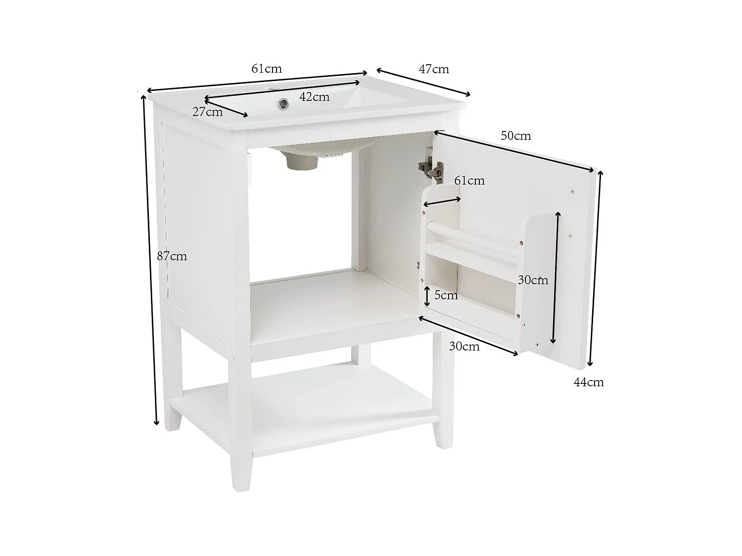 Badkamermeubel, modern design met keramische wastafel, MDF, wit, met planchet (61x47x87 cm)