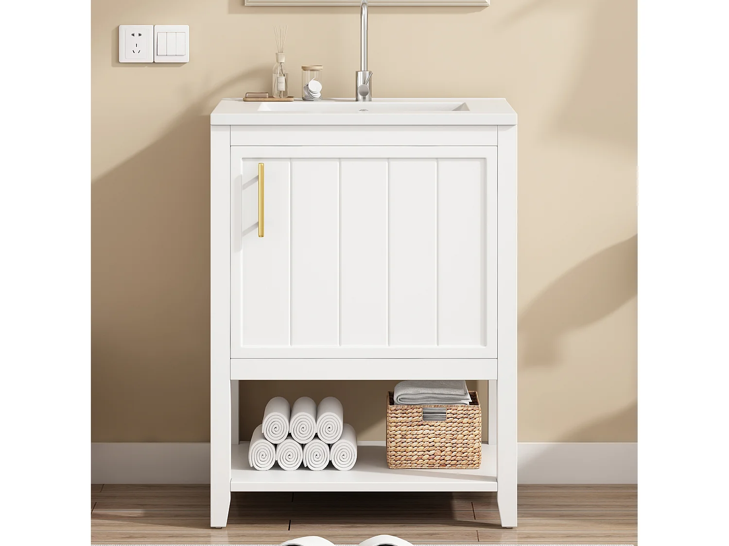 Badkamermeubel, modern design met keramische wastafel, MDF, wit, met planchet (61x47x87 cm)