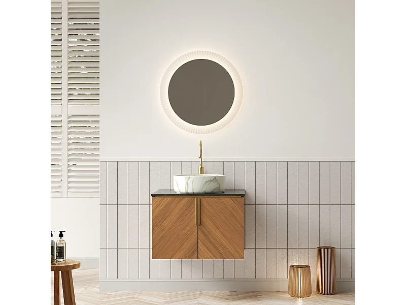 Lavabo mural rond en céramique blanc à motif pierre, plateau en pierre frittée noire, meuble 2 portes en contreplaqué marron espresso (61x50x53.1 cm)