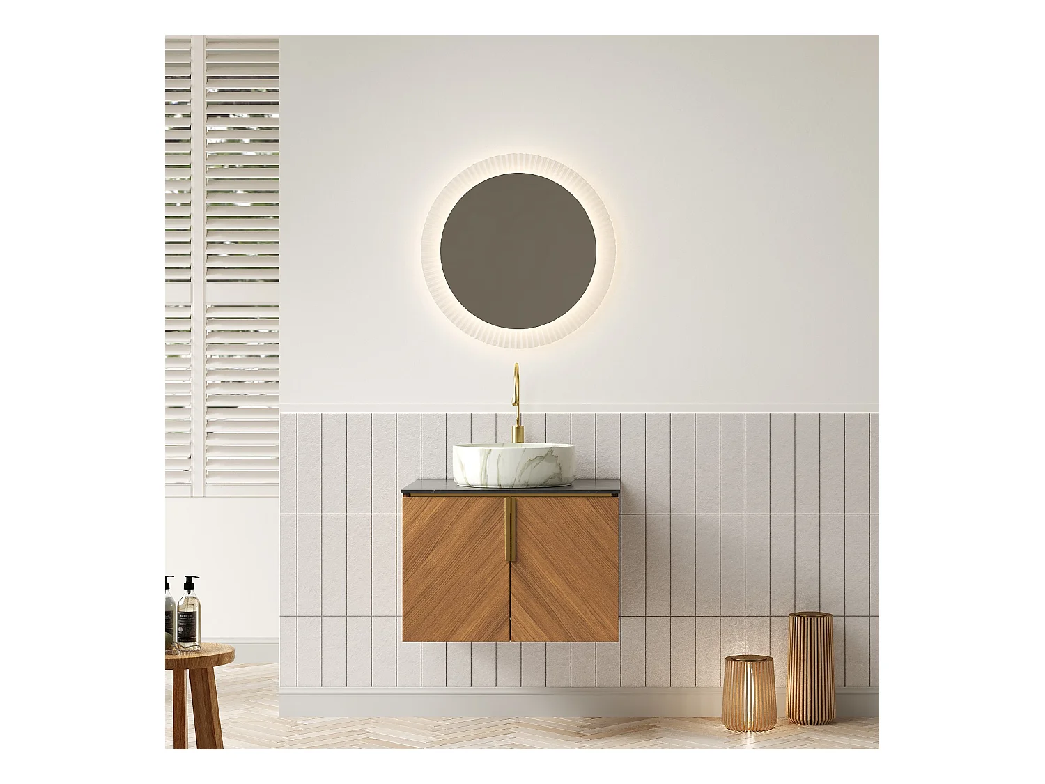 Lavabo mural rond en céramique blanc à motif pierre, plateau en pierre frittée noire, meuble 2 portes en contreplaqué marron espresso (61x50x53.1 cm)
