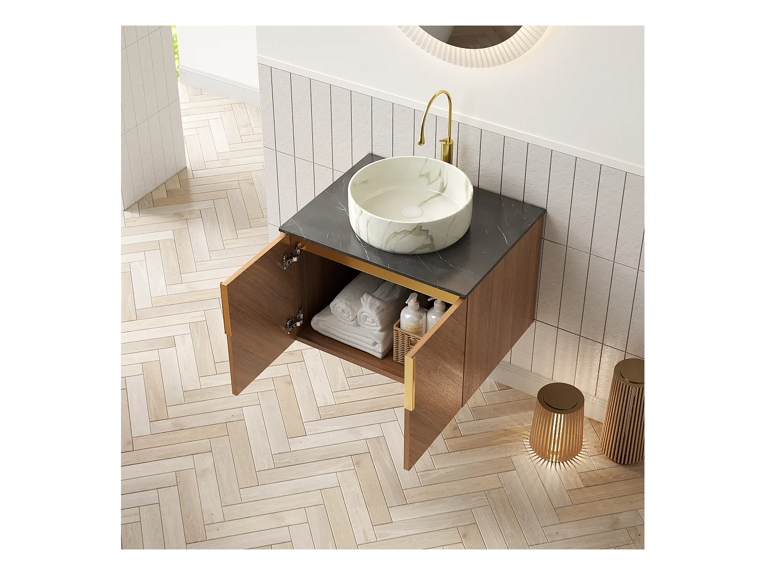 Lavabo mural rond en céramique blanc à motif pierre, plateau en pierre frittée noire, meuble 2 portes en contreplaqué marron espresso (61x50x53.1 cm)