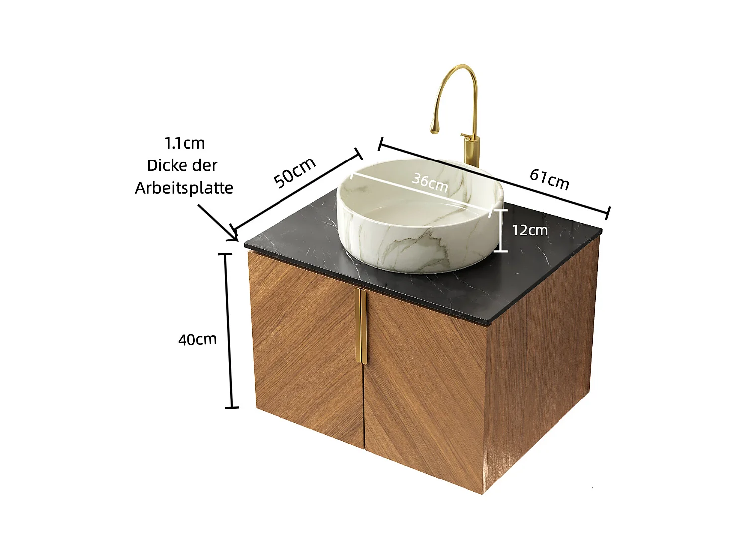 Lavabo mural rond en céramique blanc à motif pierre, plateau en pierre frittée noire, meuble 2 portes en contreplaqué marron espresso (61x50x53.1 cm)