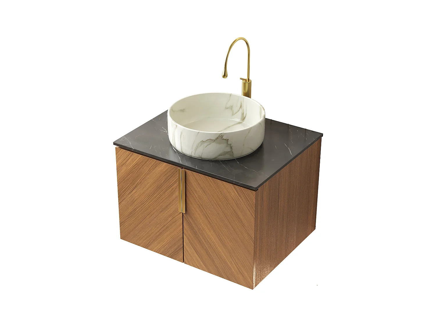 Ronde, aan de muur te bevestigen, witte keramische spoelbak met steenmotief, zwart gesinterd stenen blad, 2-deurs espressobruine multiplex kast (61x50x53,1 cm)