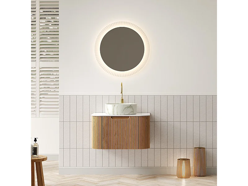 61 cm wandgemonteerd badkamermeubel met ronde wastafel met wit keramisch steenmotief, gestreept laminaatfineer en lade (61 x 48 x 49,1 cm)