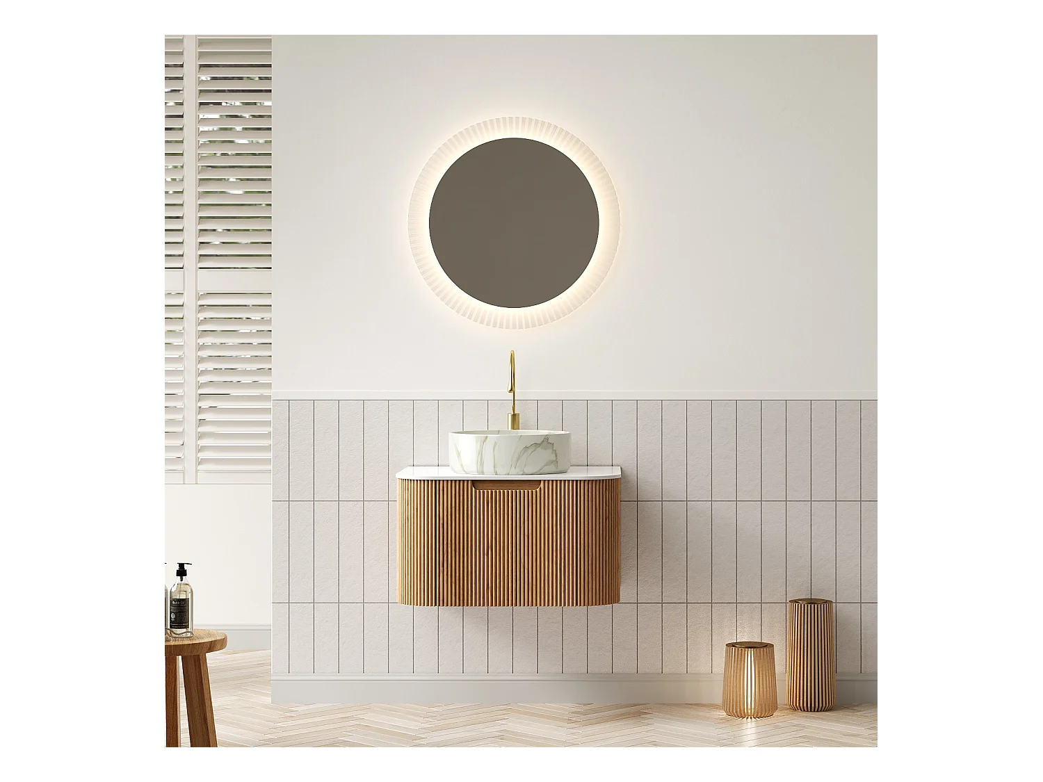 Meuble-lavabo suspendu de salle de bain 61cm avec vasque ronde en céramique blanche à motif pierre, placage stratifié à rayures et tiroir   (61x48x49.1cm)