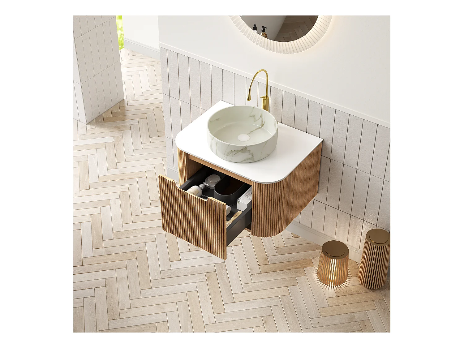 Meuble-lavabo suspendu de salle de bain 61cm avec vasque ronde en céramique blanche à motif pierre, placage stratifié à rayures et tiroir   (61x48x49.1cm)