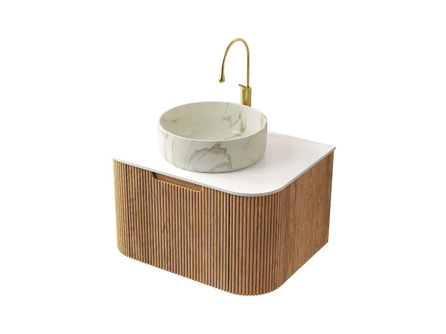 Meuble-lavabo suspendu de salle de bain 61cm avec vasque ronde en céramique blanche à motif pierre, placage stratifié à rayures et tiroir   (61x48x49.1cm)