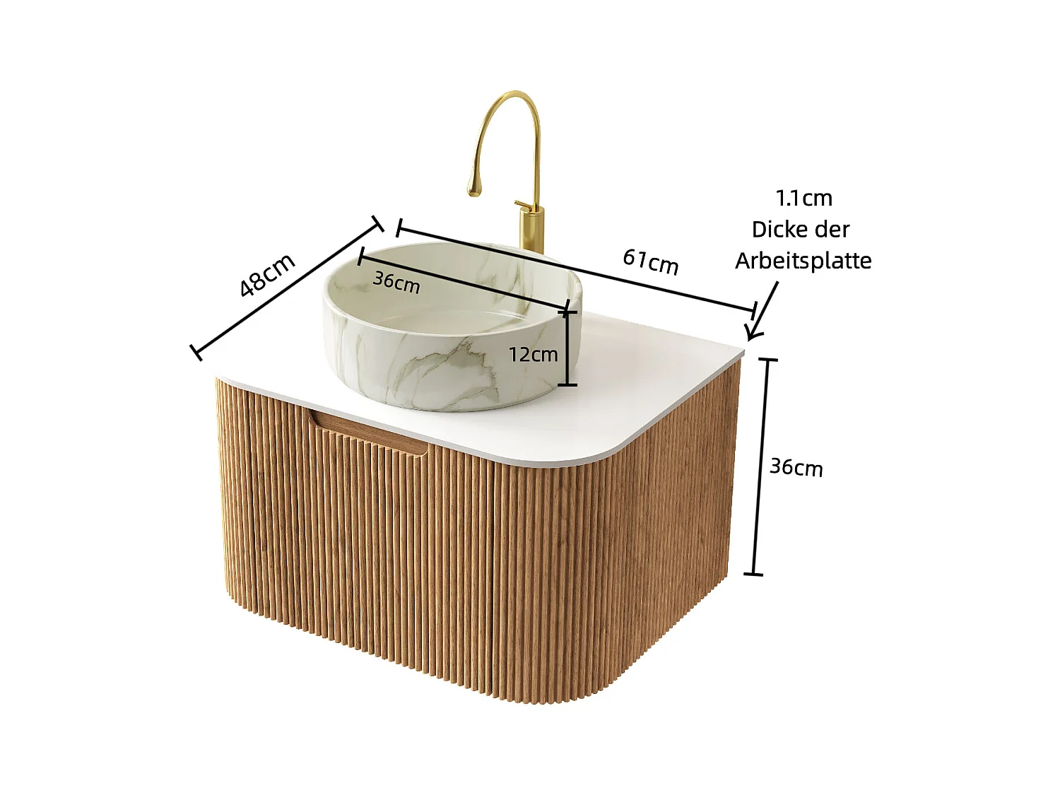 Meuble-lavabo suspendu de salle de bain 61cm avec vasque ronde en céramique blanche à motif pierre, placage stratifié à rayures et tiroir   (61x48x49.1cm)