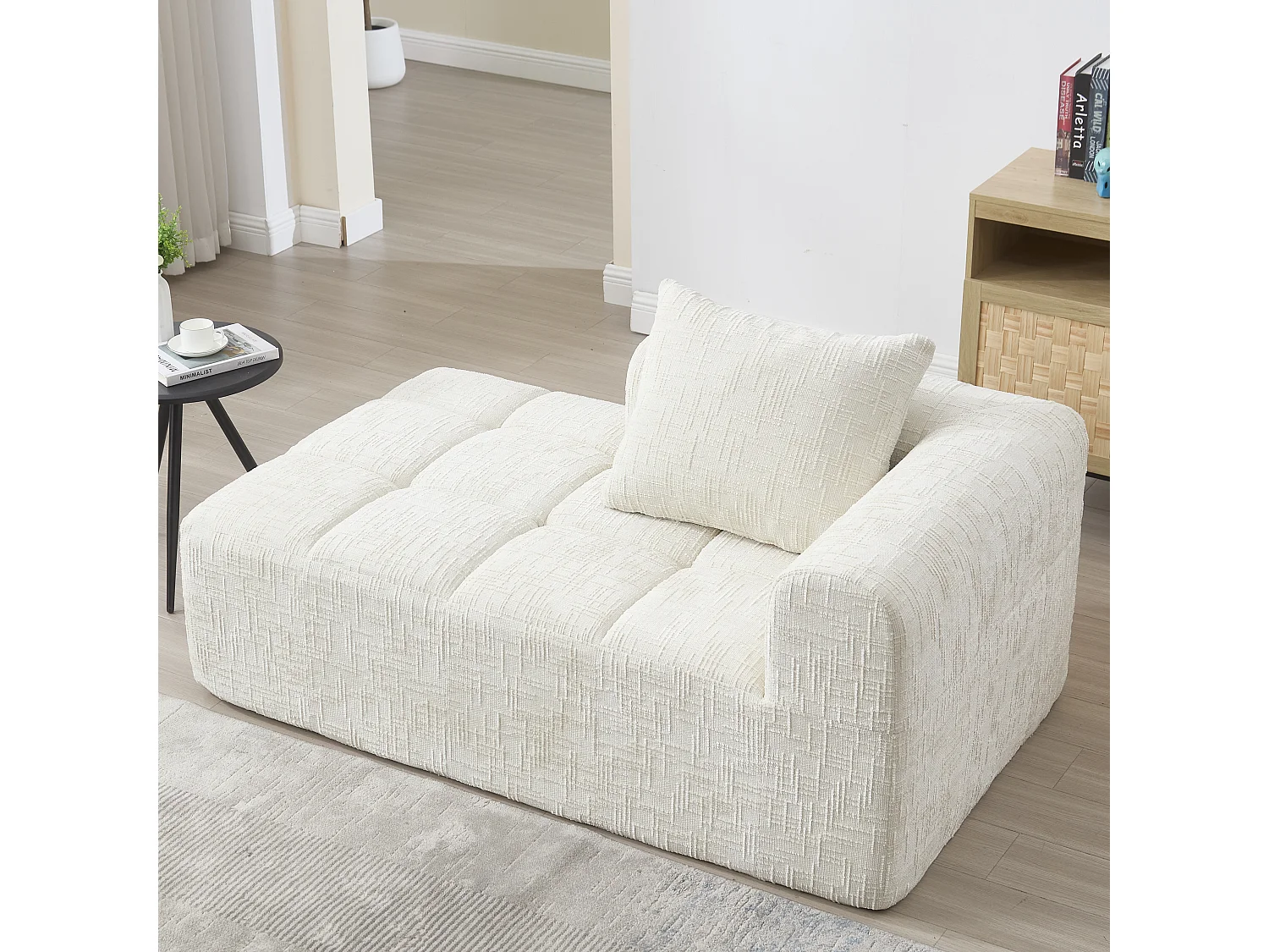 Zachte chaise longue bank, geen montage nodig, chenille stof, met kussen en zijzakken, beige (37x37x112 cm)