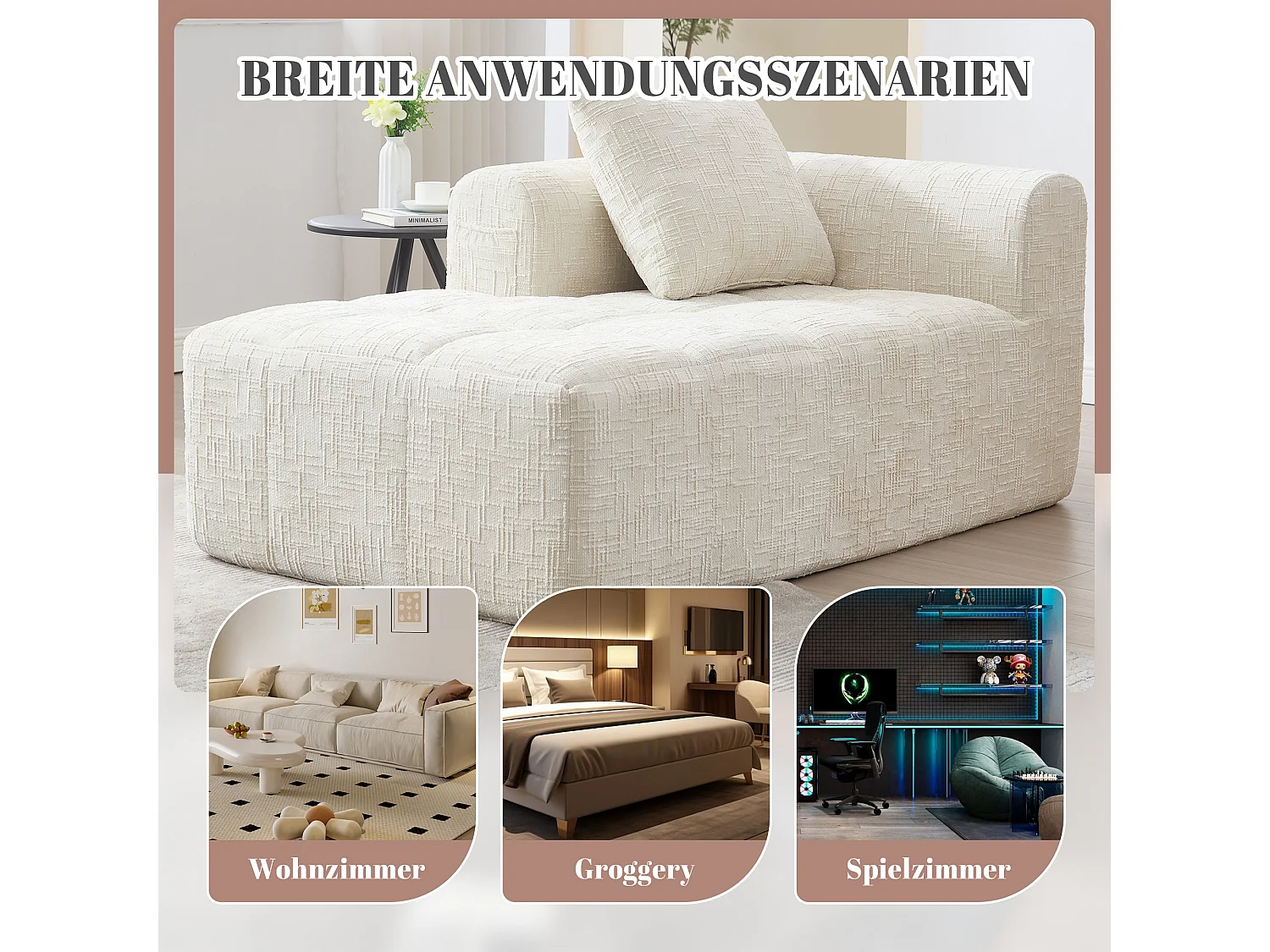 Zachte chaise longue bank, geen montage nodig, chenille stof, met kussen en zijzakken, beige (37x37x112 cm)