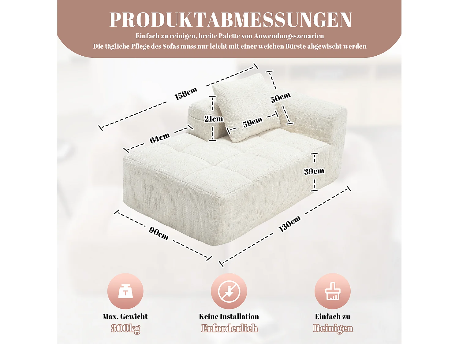 Sofá chaise longue suave, sin montaje, tejido chenilla, con cojín y bolsillos laterales, beige (37x37x112 cm)