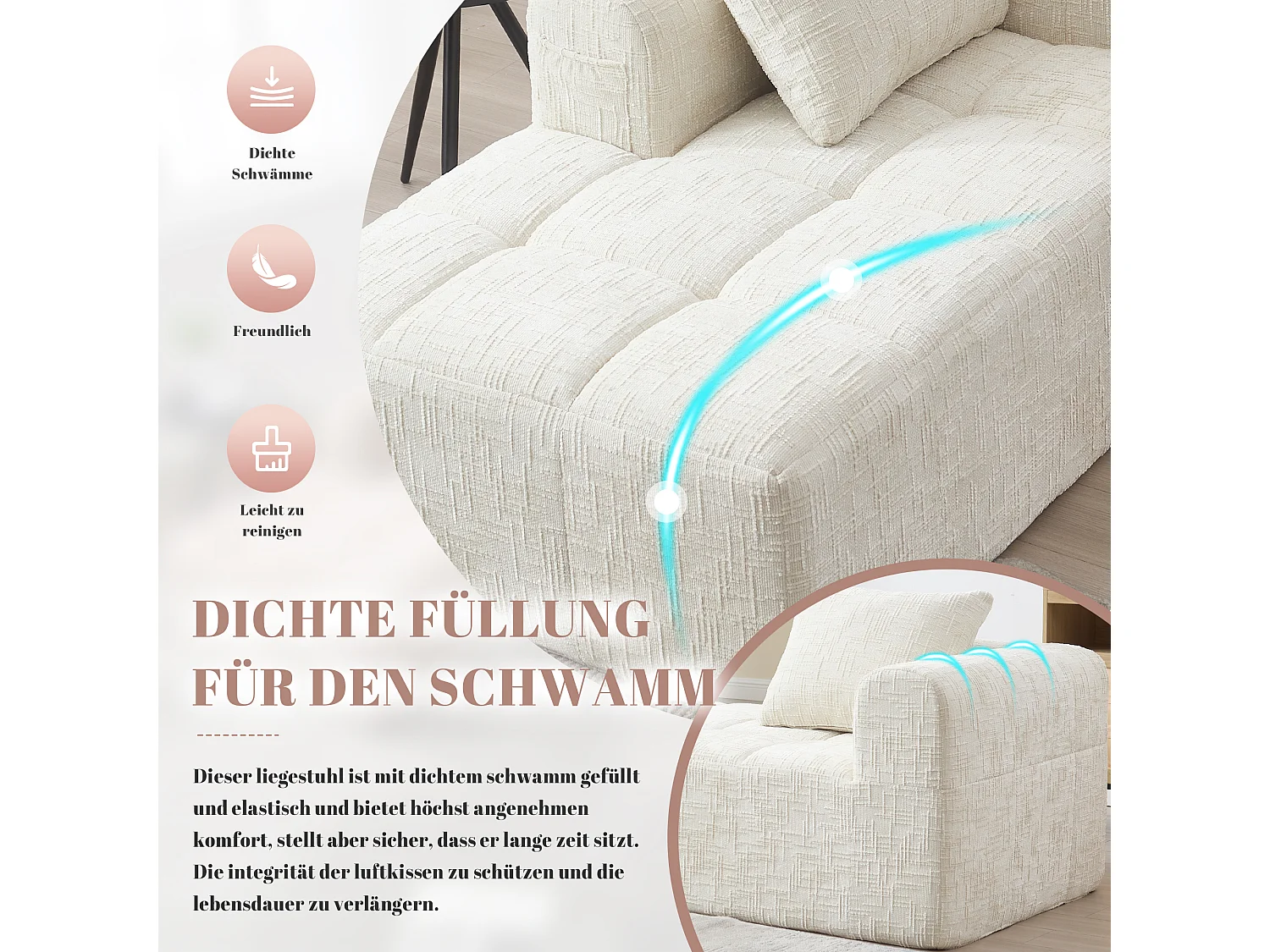 Sofá chaise longue suave, sin montaje, tejido chenilla, con cojín y bolsillos laterales, beige (37x37x112 cm)