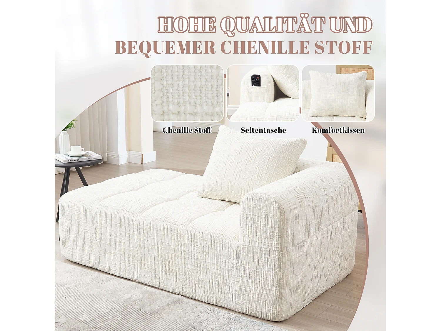 Sofá chaise longue suave, sin montaje, tejido chenilla, con cojín y bolsillos laterales, beige (37x37x112 cm)