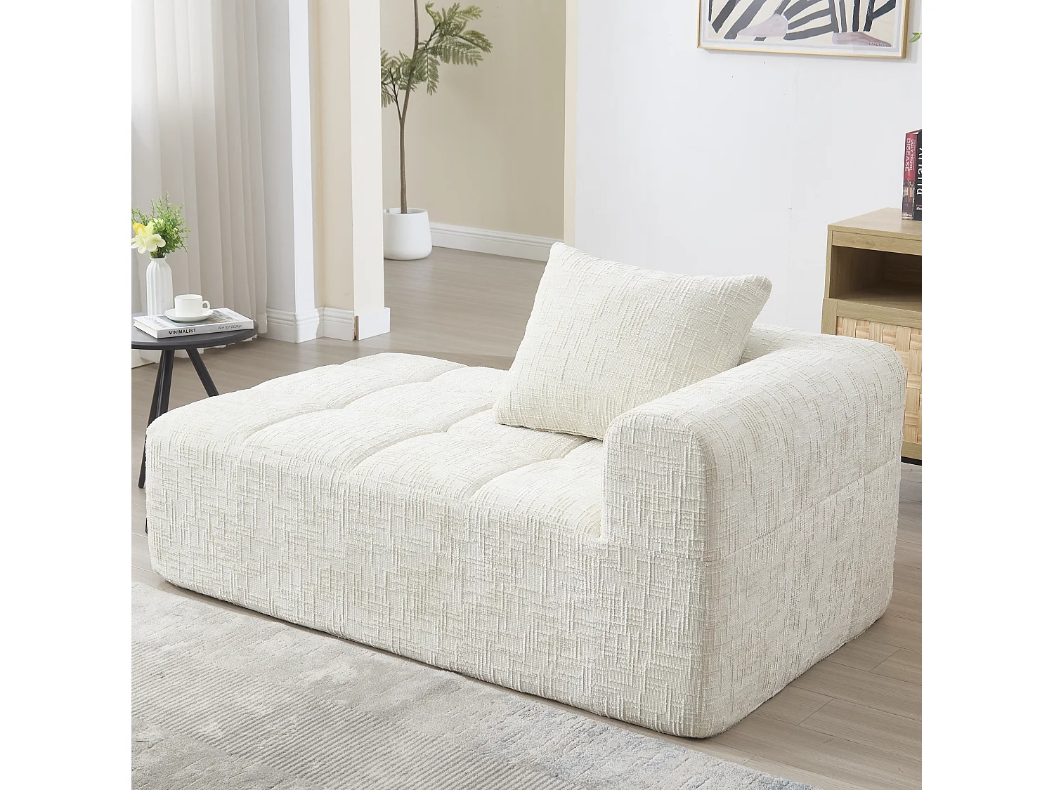 Sofá chaise longue suave, sin montaje, tejido chenilla, con cojín y bolsillos laterales, beige (37x37x112 cm)