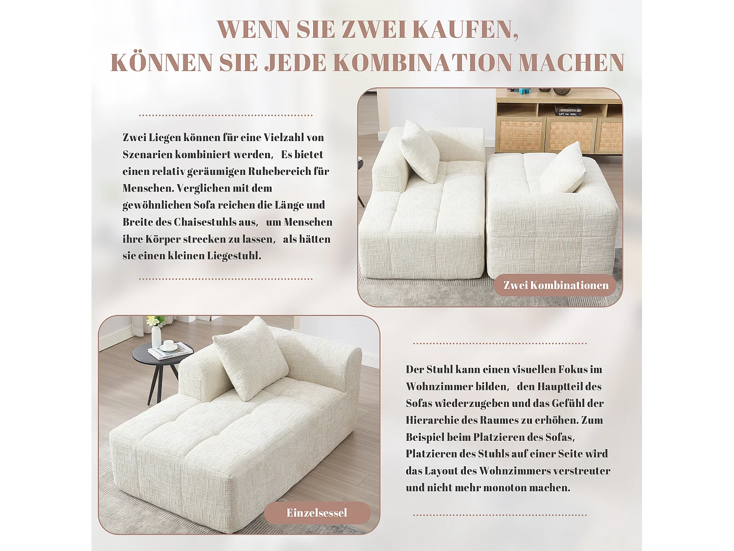 Sofá chaise longue suave, sin montaje, tejido chenilla, con cojín y bolsillos laterales, beige (37x37x112 cm)