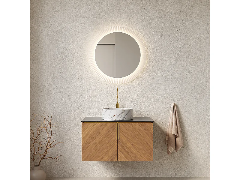 Lavabo mural avec vasque en céramique, plateau en pierre sinterisée, meuble en contreplaqué à 2 portes, noir et marron (76x50x53.1 cm)