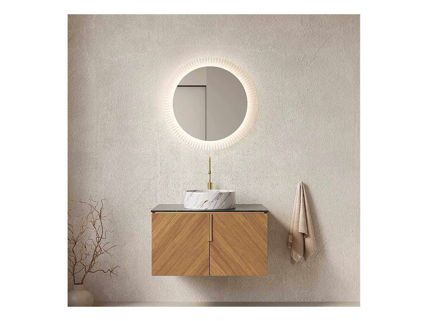 Lavabo mural avec vasque en céramique, plateau en pierre sinterisée, meuble en contreplaqué à 2 portes, noir et marron (76x50x53.1 cm)