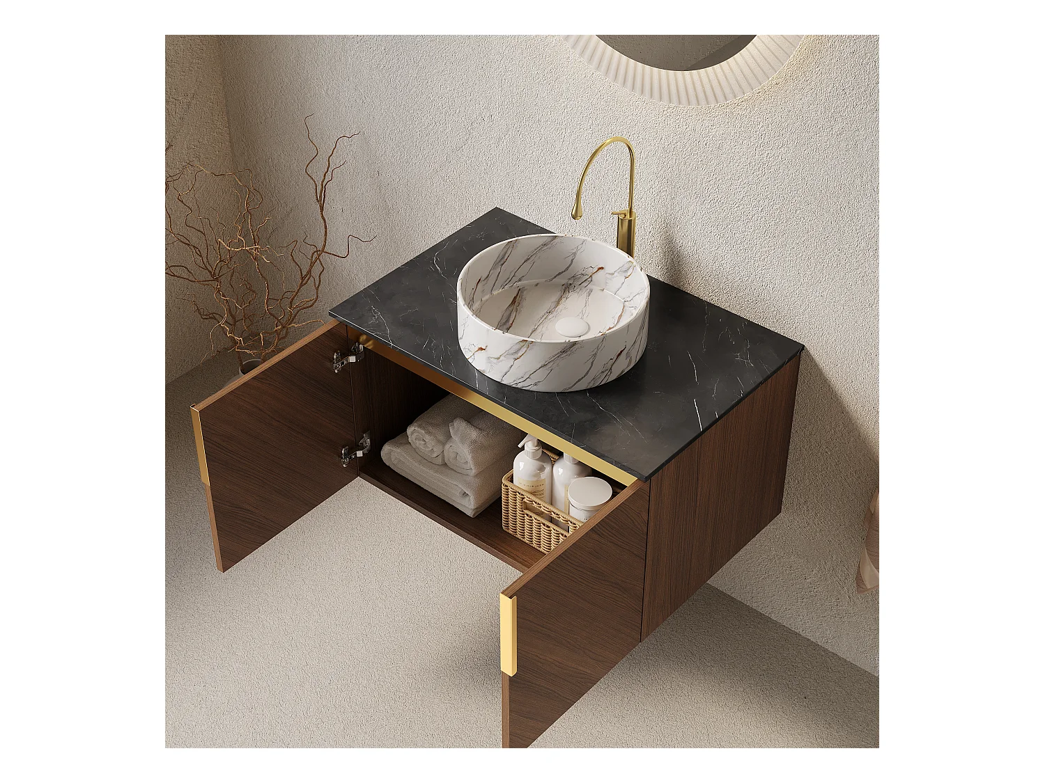 Lavabo mural avec vasque en céramique, plateau en pierre sinterisée, meuble en contreplaqué à 2 portes, noir et marron (76x50x53.1 cm)