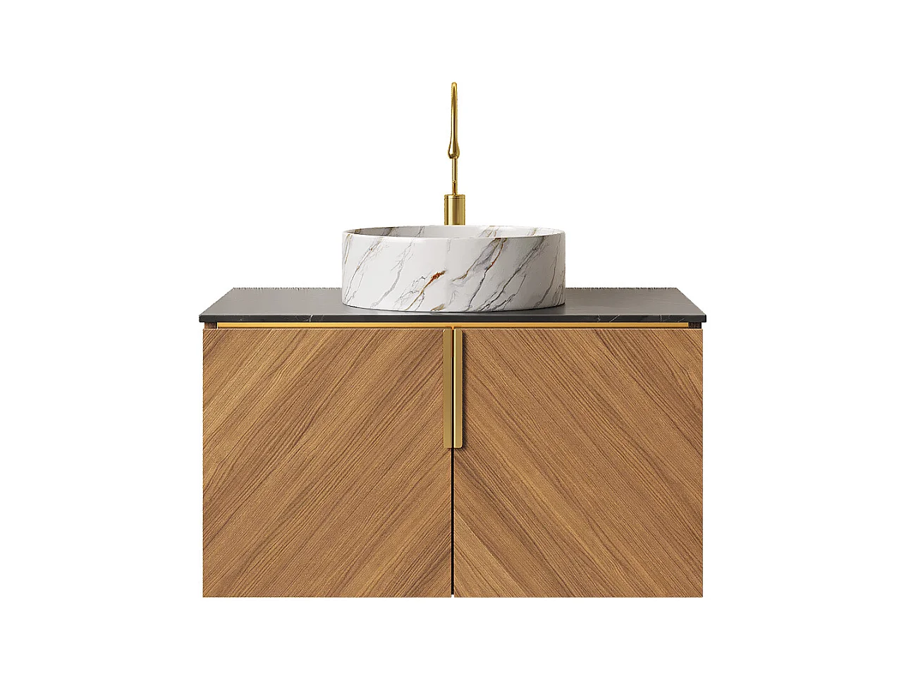 Lavabo mural avec vasque en céramique, plateau en pierre sinterisée, meuble en contreplaqué à 2 portes, noir et marron (76x50x53.1 cm)