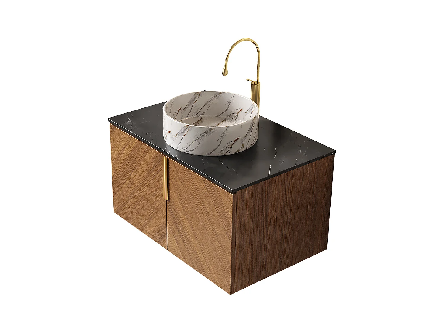 Wandwastafel met keramische waskom, gesinterd stenen blad, 2-deurs multiplex kast, zwart en bruin (76x50x53,1 cm)