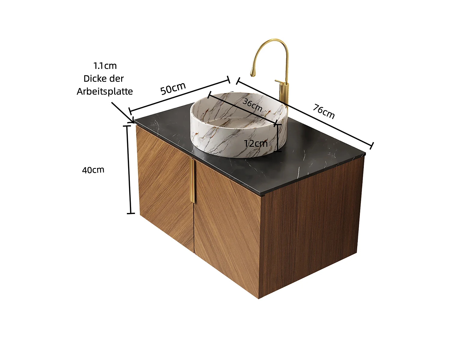 Wandwastafel met keramische waskom, gesinterd stenen blad, 2-deurs multiplex kast, zwart en bruin (76x50x53,1 cm)