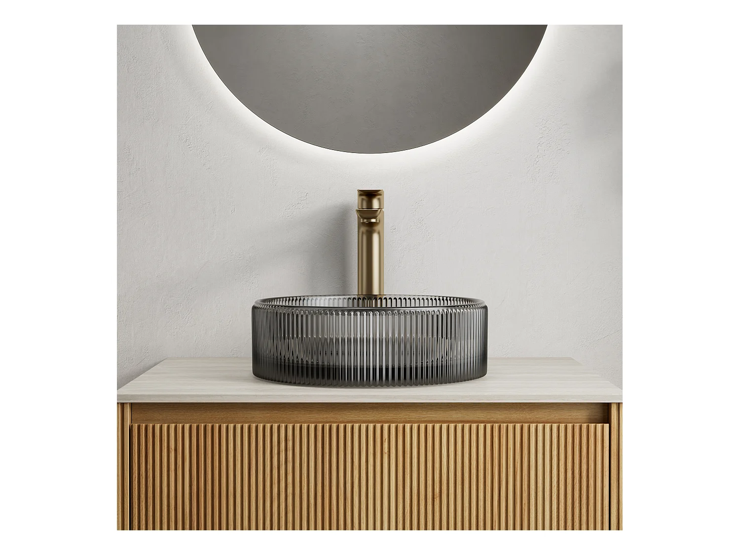 Lavabo rond en cristal transparent et noir, design artistique, verre, sans robinet (36x36x11.5 cm)