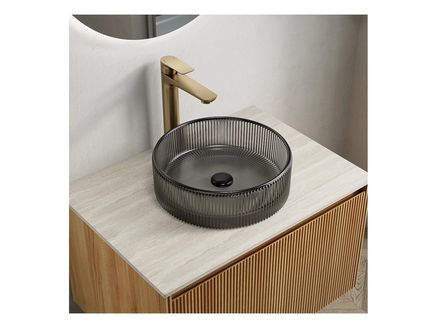 Lavabo redondo de cristal transparente y negro, diseño artístico, vidrio, sin grifo (36x36x11,5 cm)