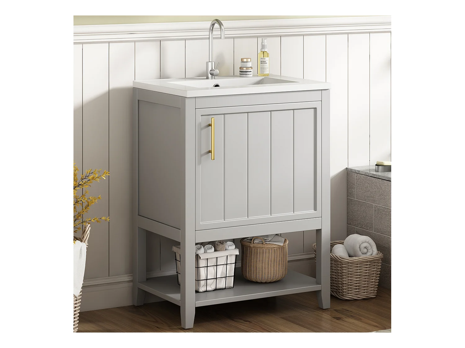 Meuble-lavabo avec vasque en céramique, design moderne, MDF, gris clair, avec tablette (61x47x87cm)