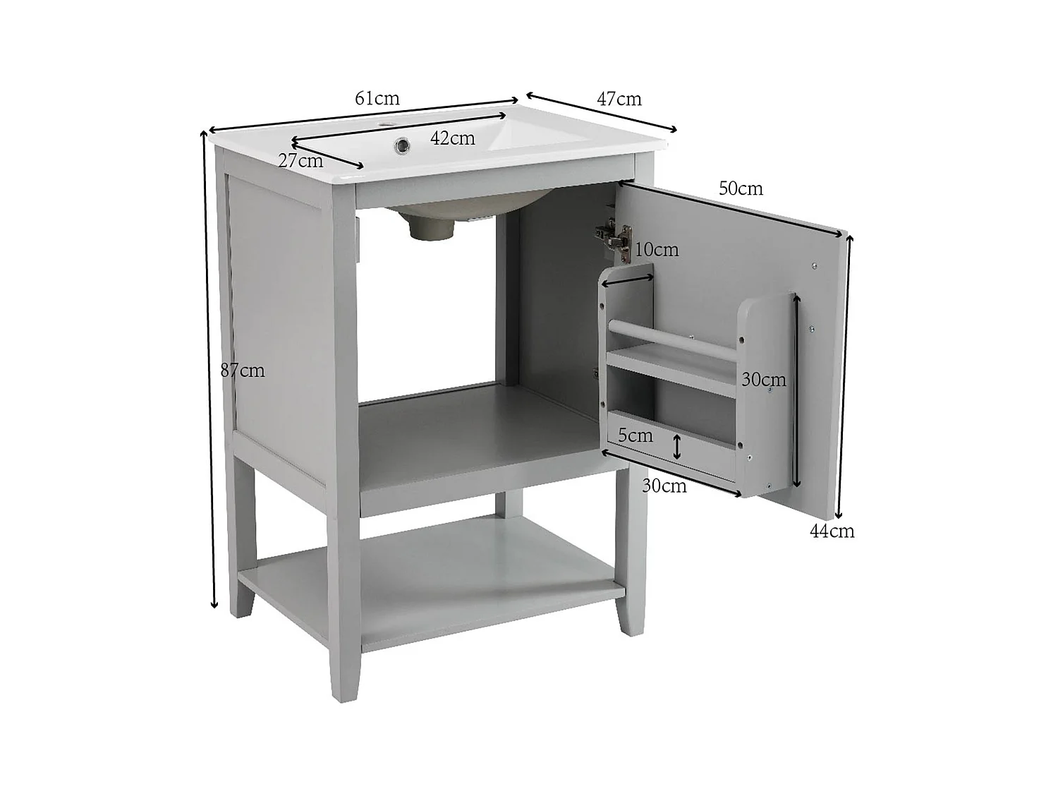 Meuble-lavabo avec vasque en céramique, design moderne, MDF, gris clair, avec tablette (61x47x87cm)