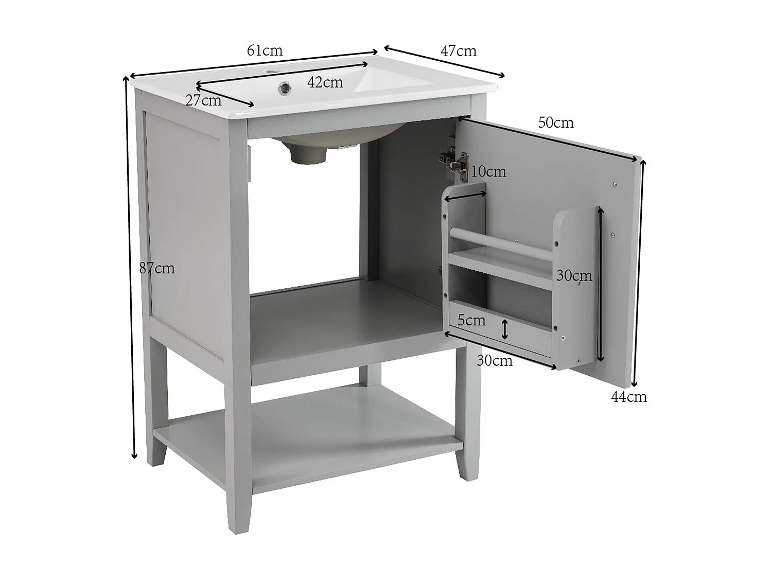 Meuble-lavabo avec vasque en céramique, design moderne, MDF, gris clair, avec tablette (61x47x87cm)