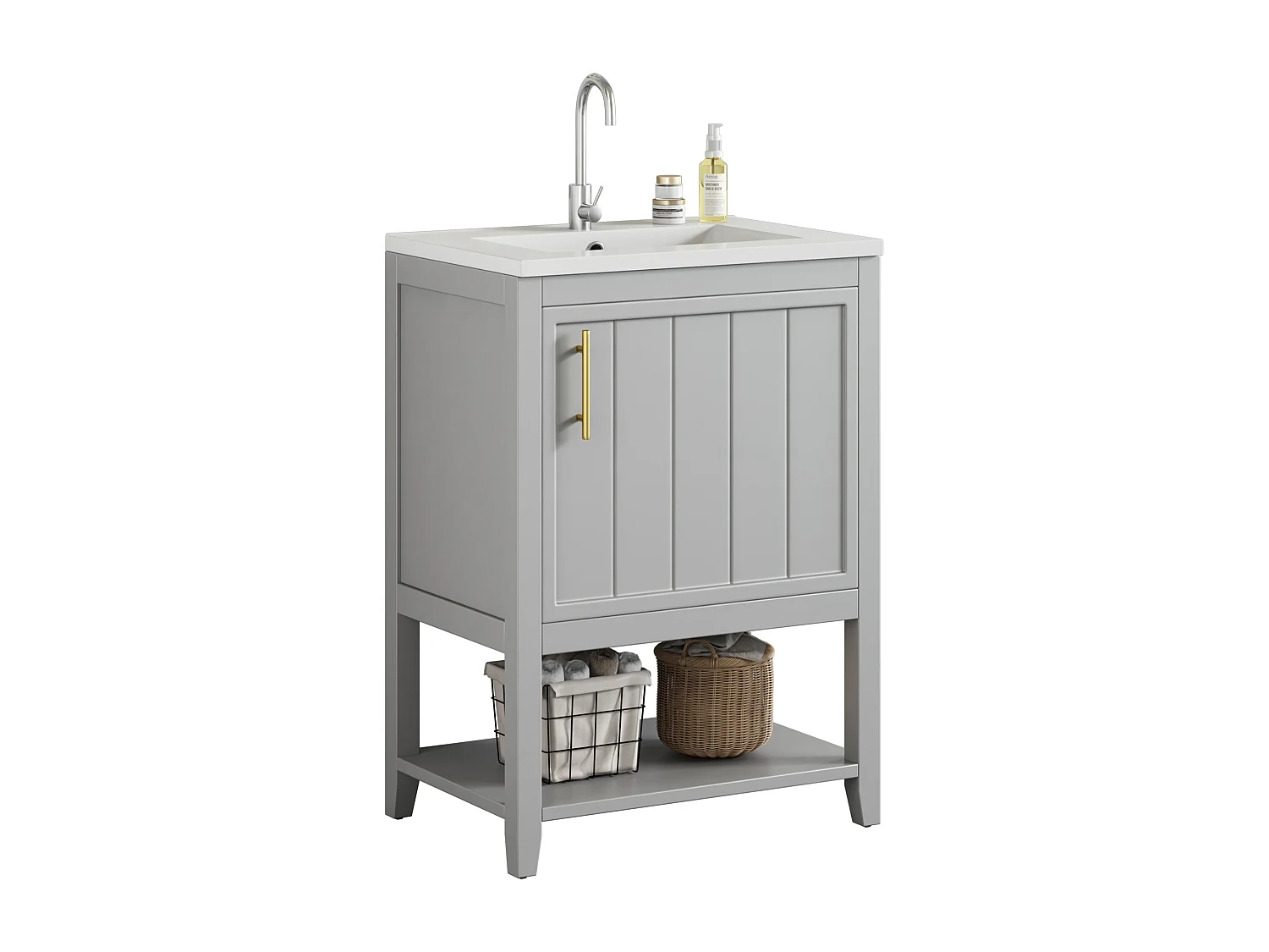 Meuble-lavabo avec vasque en céramique, design moderne, MDF, gris clair, avec tablette (61x47x87cm)