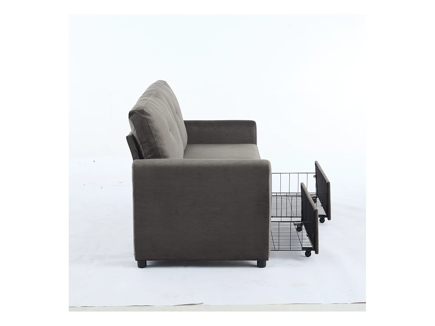 Divano 2 posti grigio scuro con contenitore integrato, tessuto in poliestere, struttura in legno (184x83x92 cm)