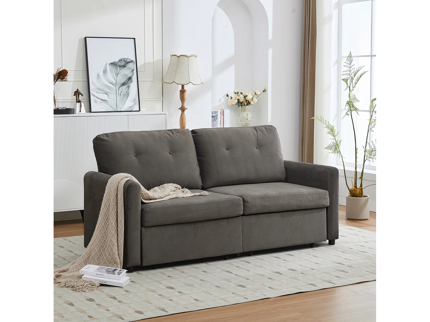 Canapé 2 places gris foncé avec rangement intégré, tissu polyester, structure en bois (184x83x92 cm)