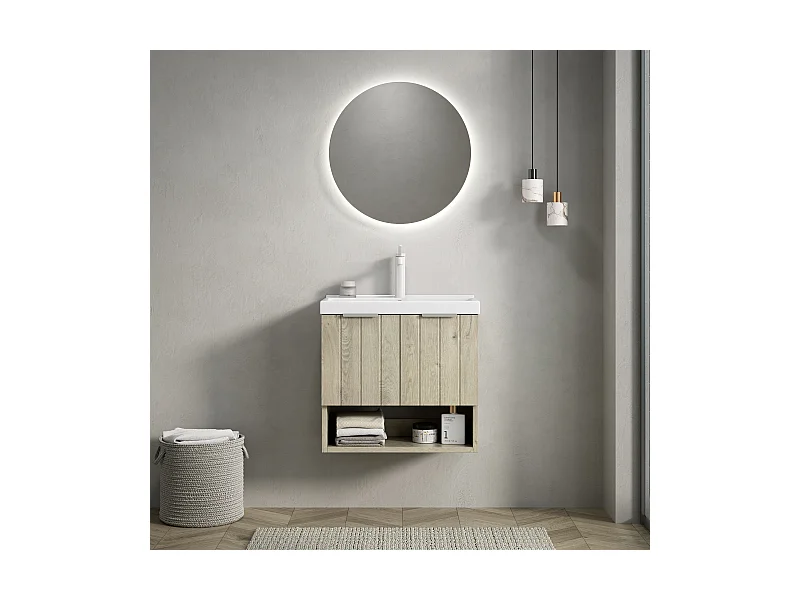 Wandmeubel met keramische wastafel, modern design, multiplex en wit eiken, 2 deuren en open plank (55x32x53 cm)